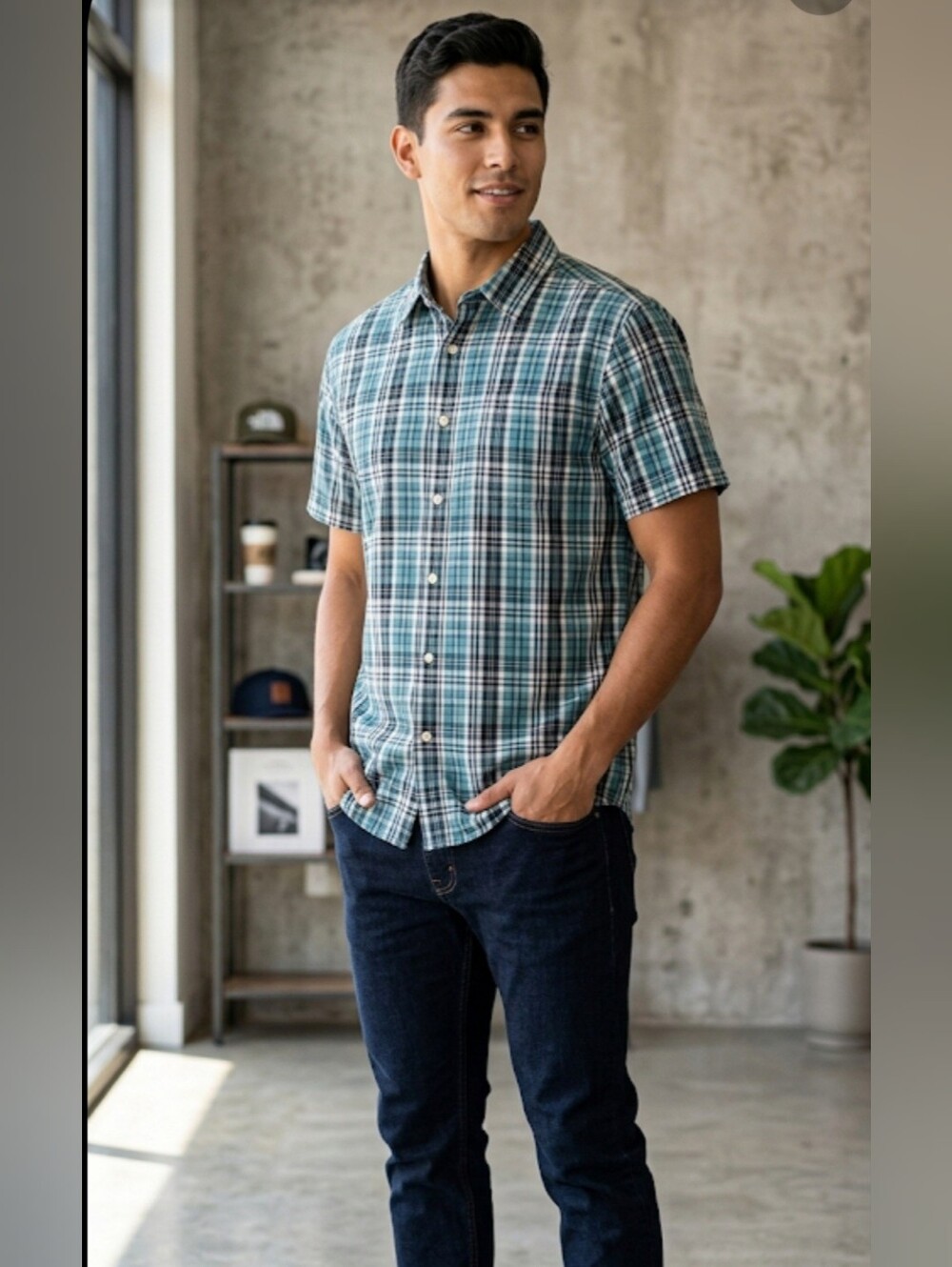 The North Face Teal Black White Plaid Short-Sleeve Button-Down Shirt